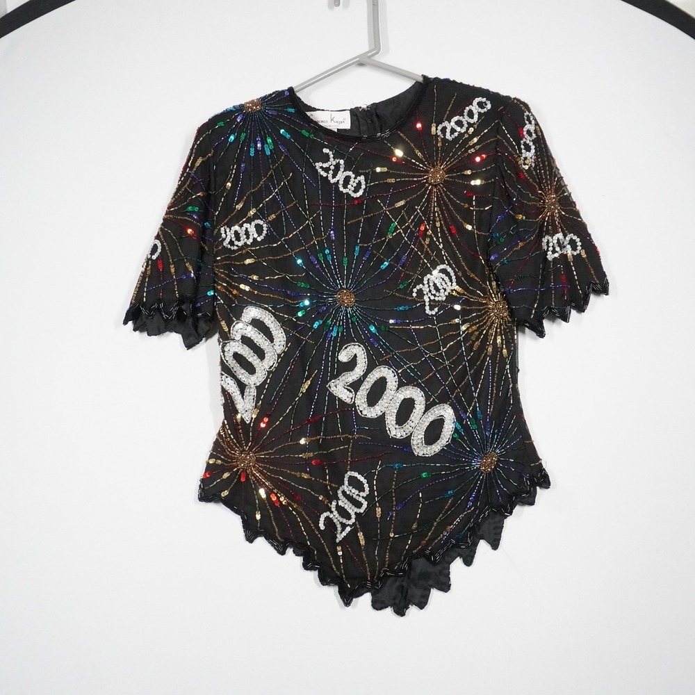 VTG Y2K Laurence Kazar 2000 Fireworks Sequin Beaded Silk Blouse Black Medium NYE